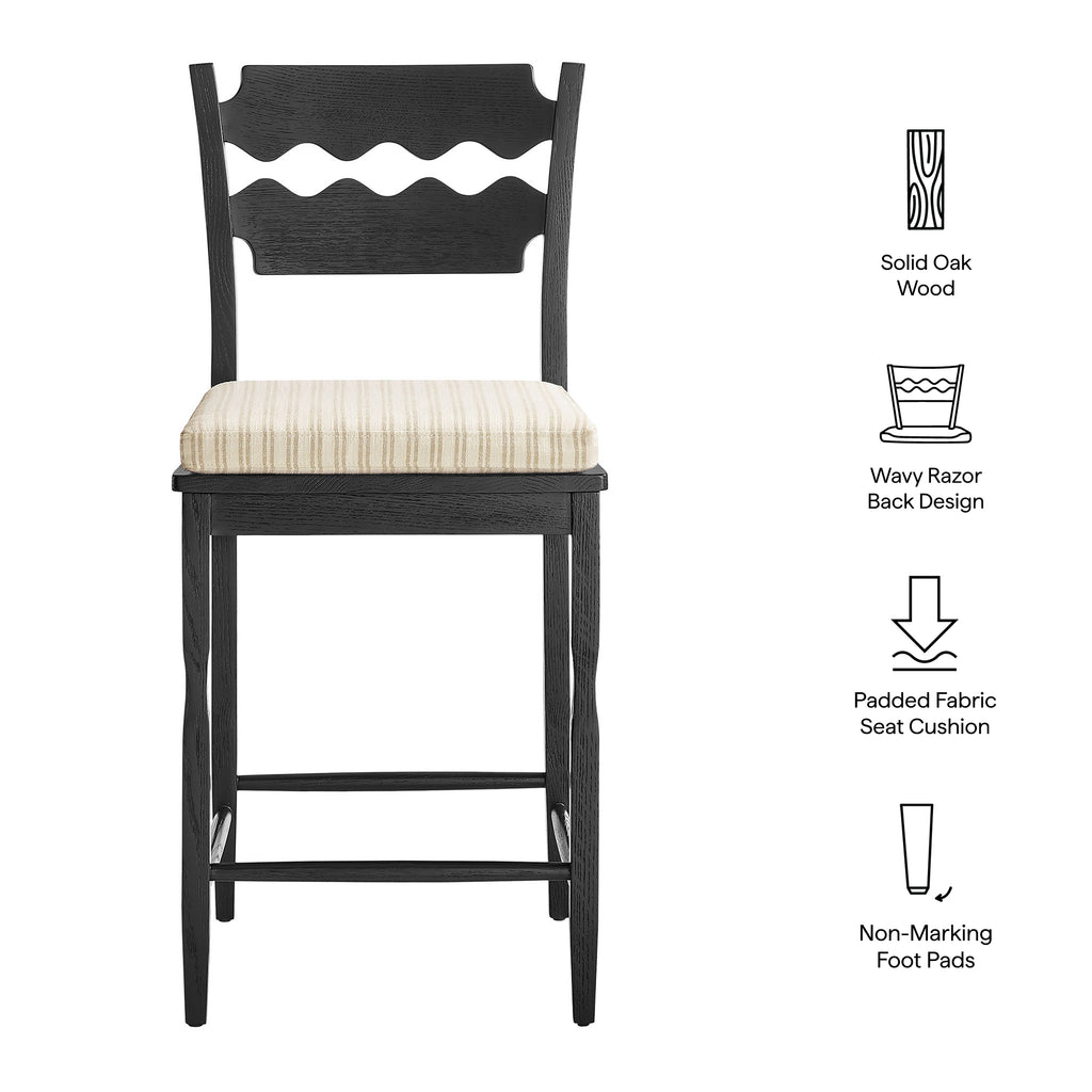 Jax Oak Wood Counter Stool With Wavy Razor Back and Cushion - Black Oatmeal Stripe