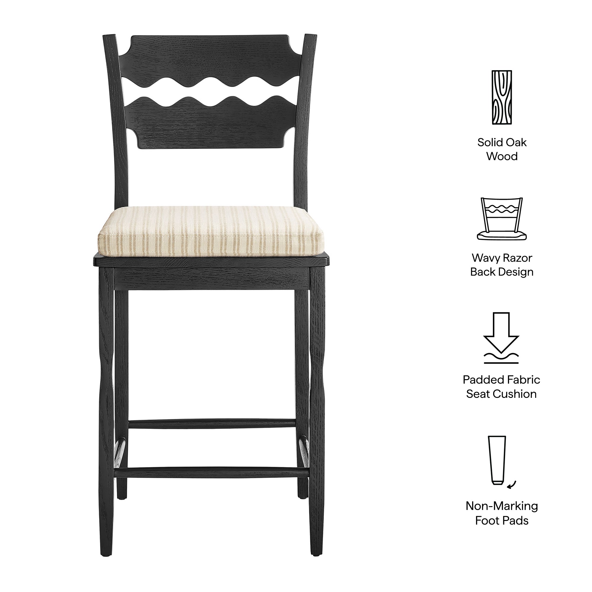 Jax Oak Wood Counter Stool With Wavy Razor Back and Cushion - Black Oatmeal Stripe