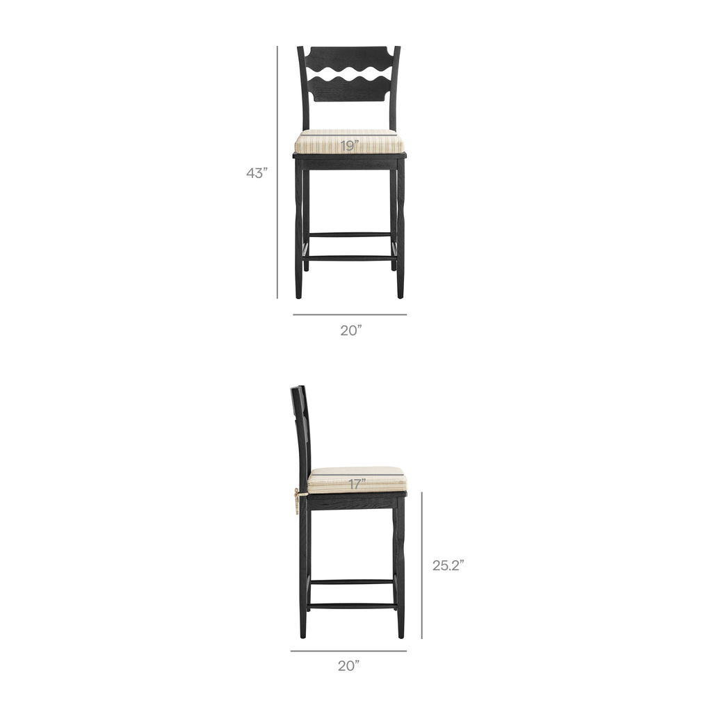 Jax Oak Wood Counter Stool With Wavy Razor Back and Cushion - Black Oatmeal Stripe