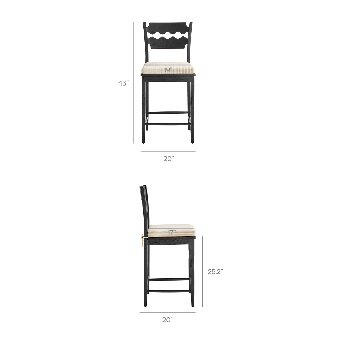 Jax Oak Wood Counter Stool With Wavy Razor Back and Cushion - Black Oatmeal Stripe
