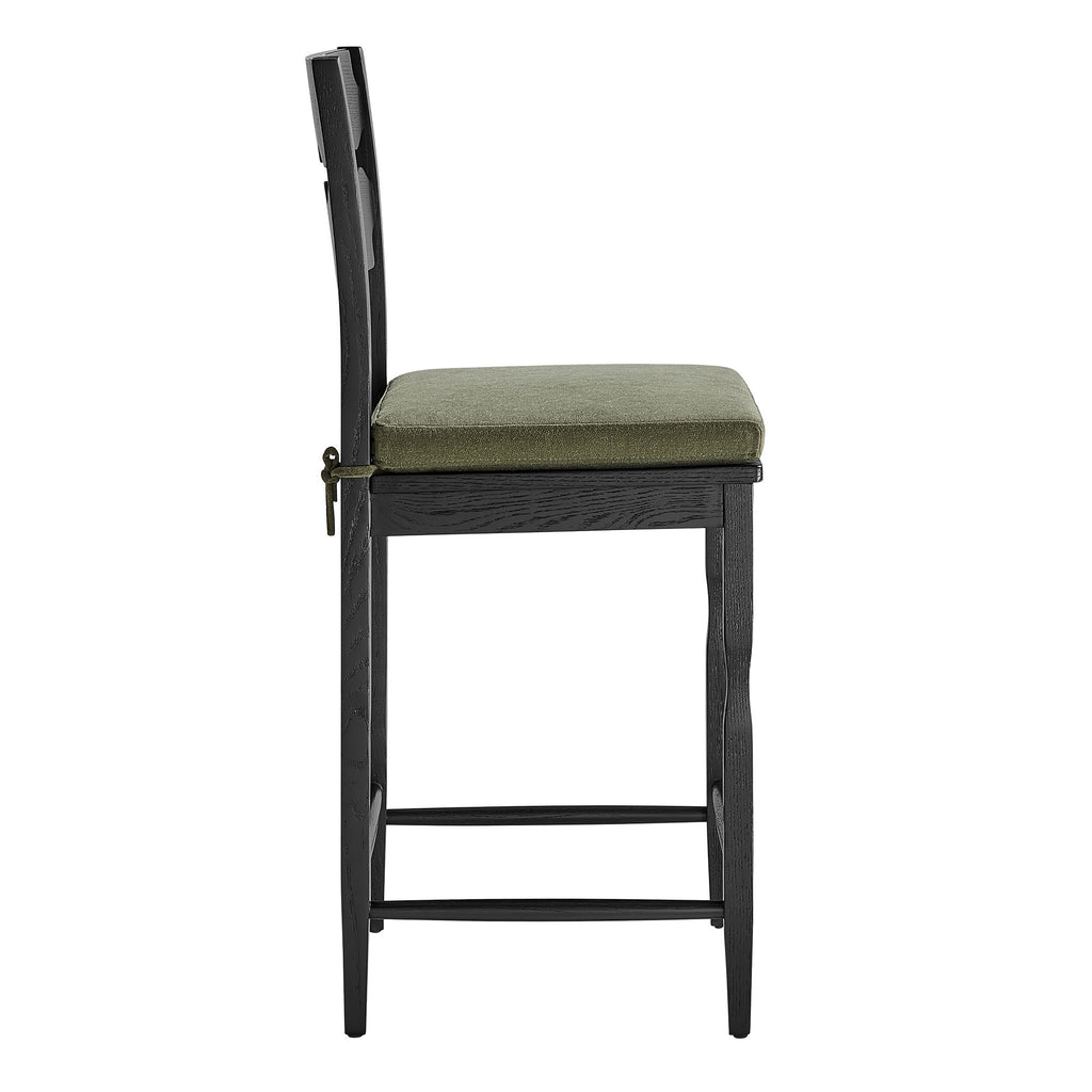 Jax Oak Wood Counter Stool With Wavy Razor Back and Cushion - Black Sage