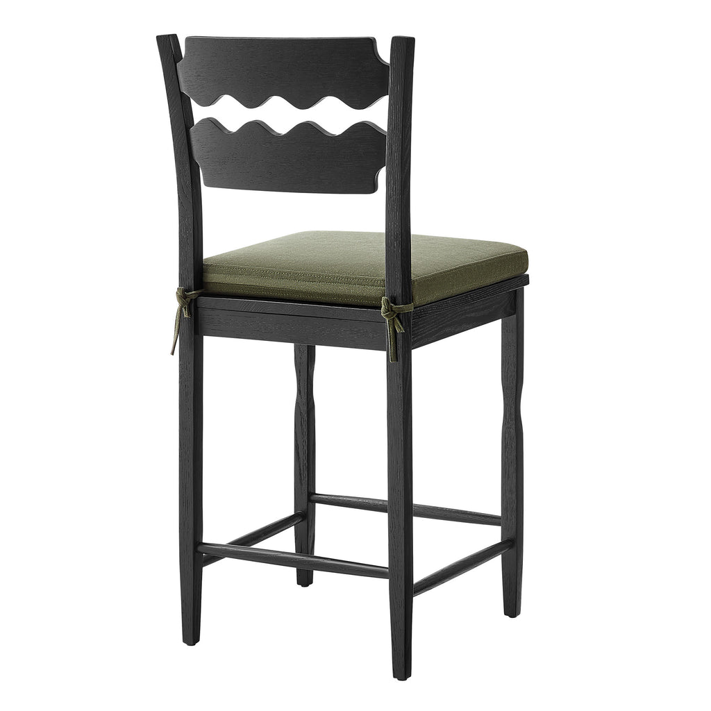 Jax Oak Wood Counter Stool With Wavy Razor Back and Cushion - Black Sage