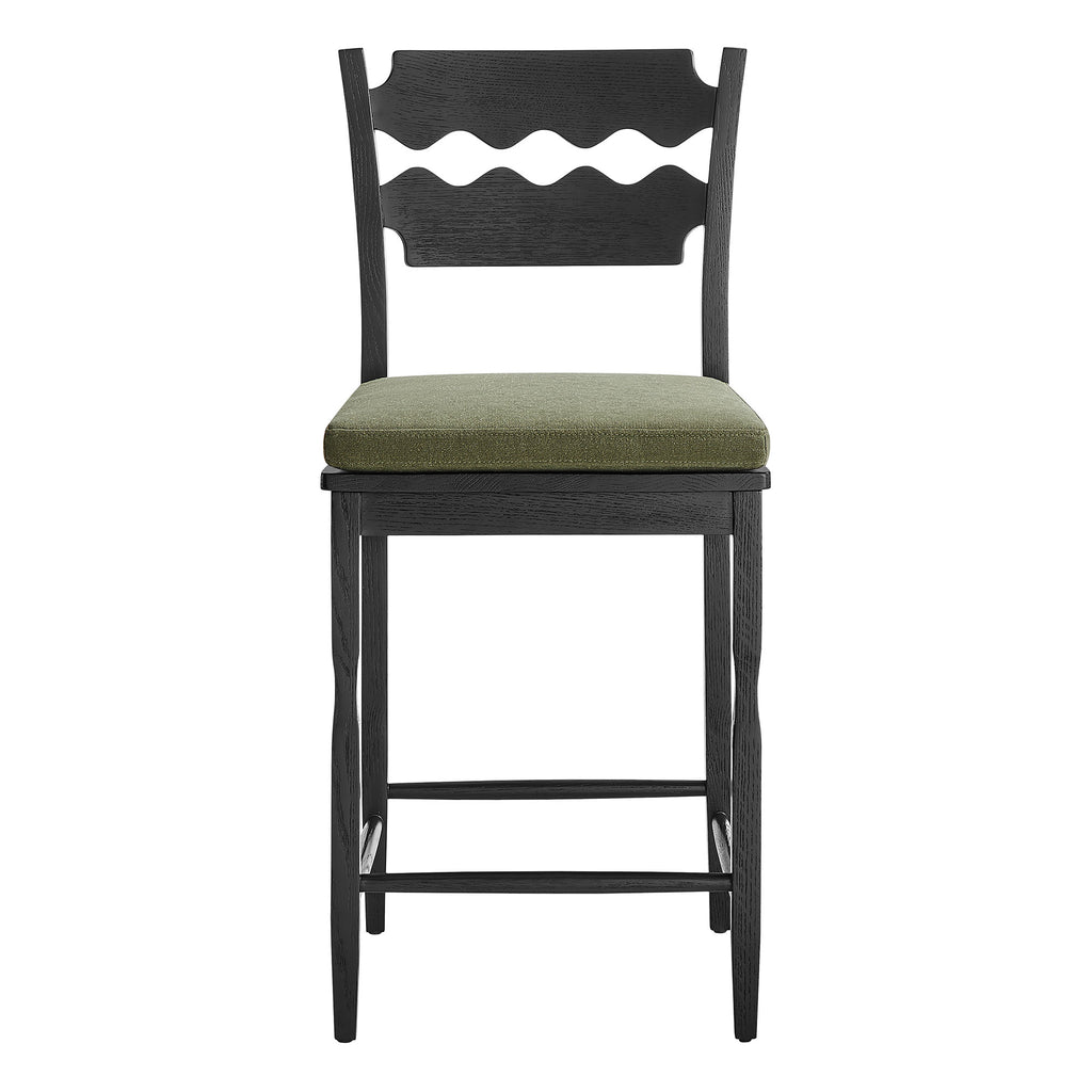 Jax Oak Wood Counter Stool With Wavy Razor Back and Cushion - Black Sage