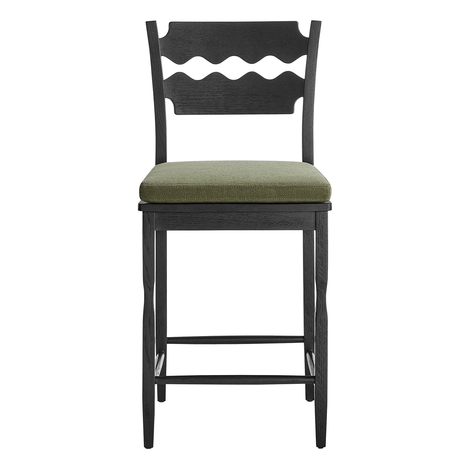 Jax Oak Wood Counter Stool With Wavy Razor Back and Cushion - Black Sage