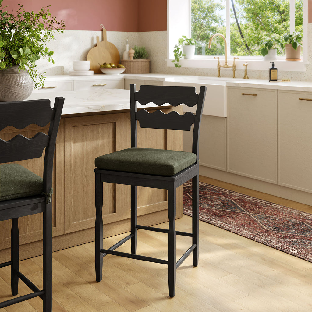 Jax Oak Wood Counter Stool With Wavy Razor Back and Cushion - Black Sage