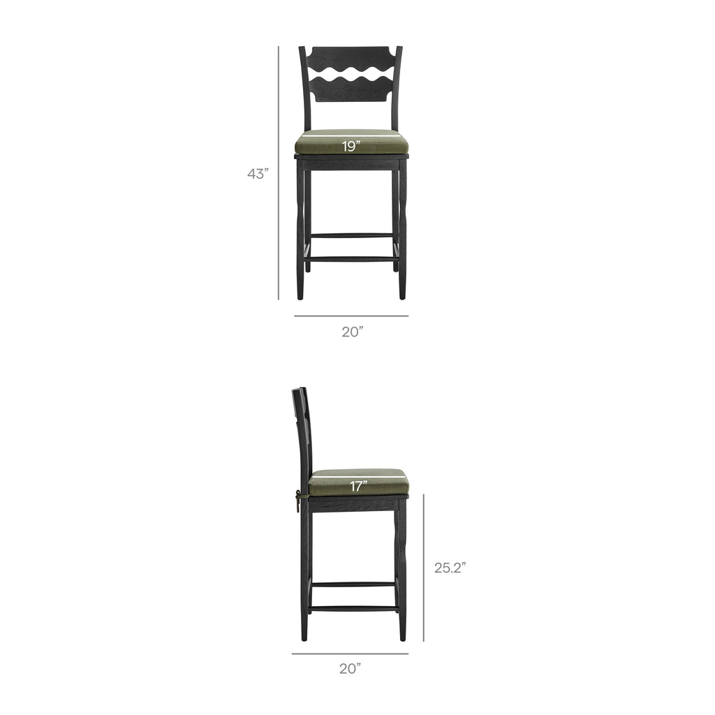 Jax Oak Wood Counter Stool With Wavy Razor Back and Cushion - Black Sage