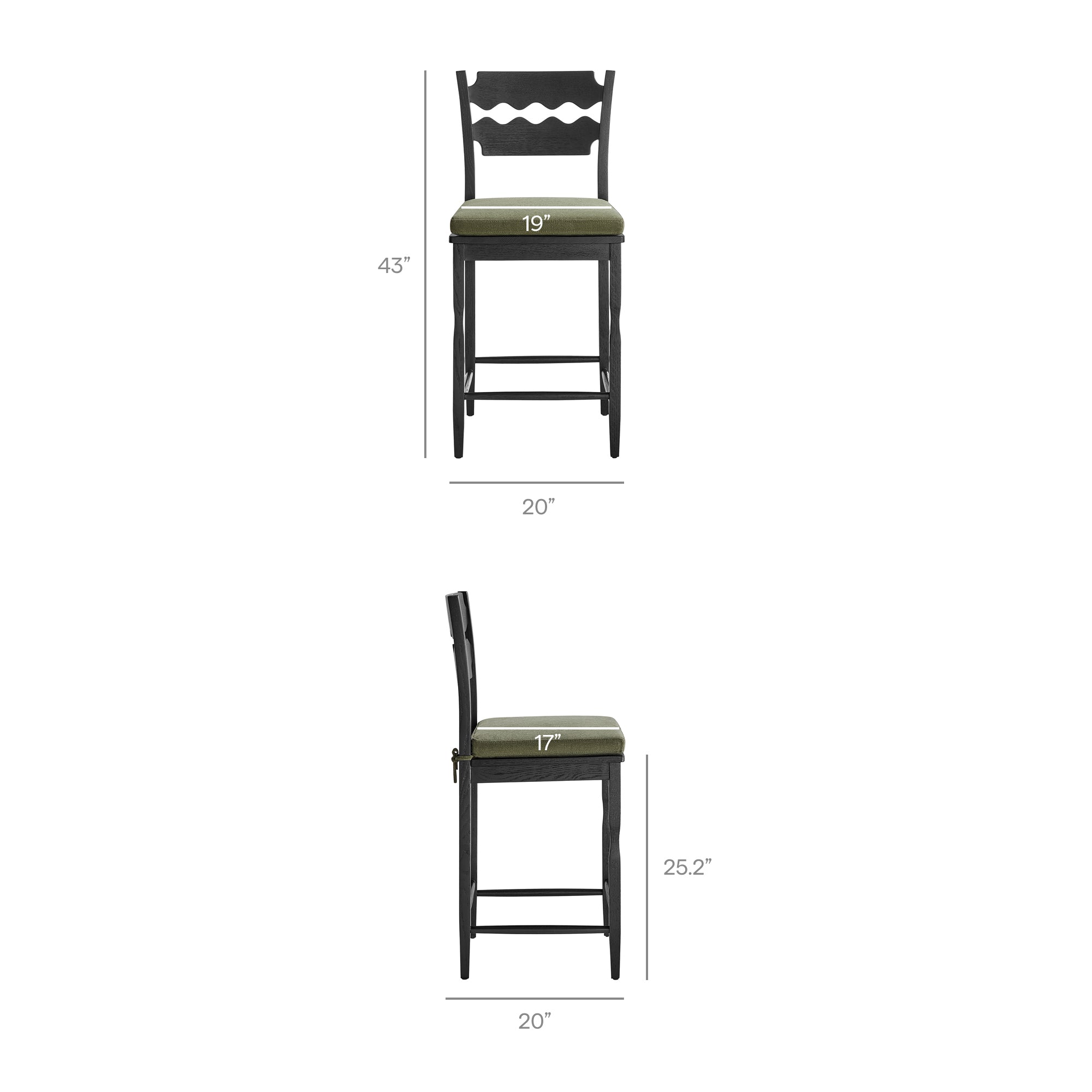 Jax Oak Wood Counter Stool With Wavy Razor Back and Cushion - Black Sage