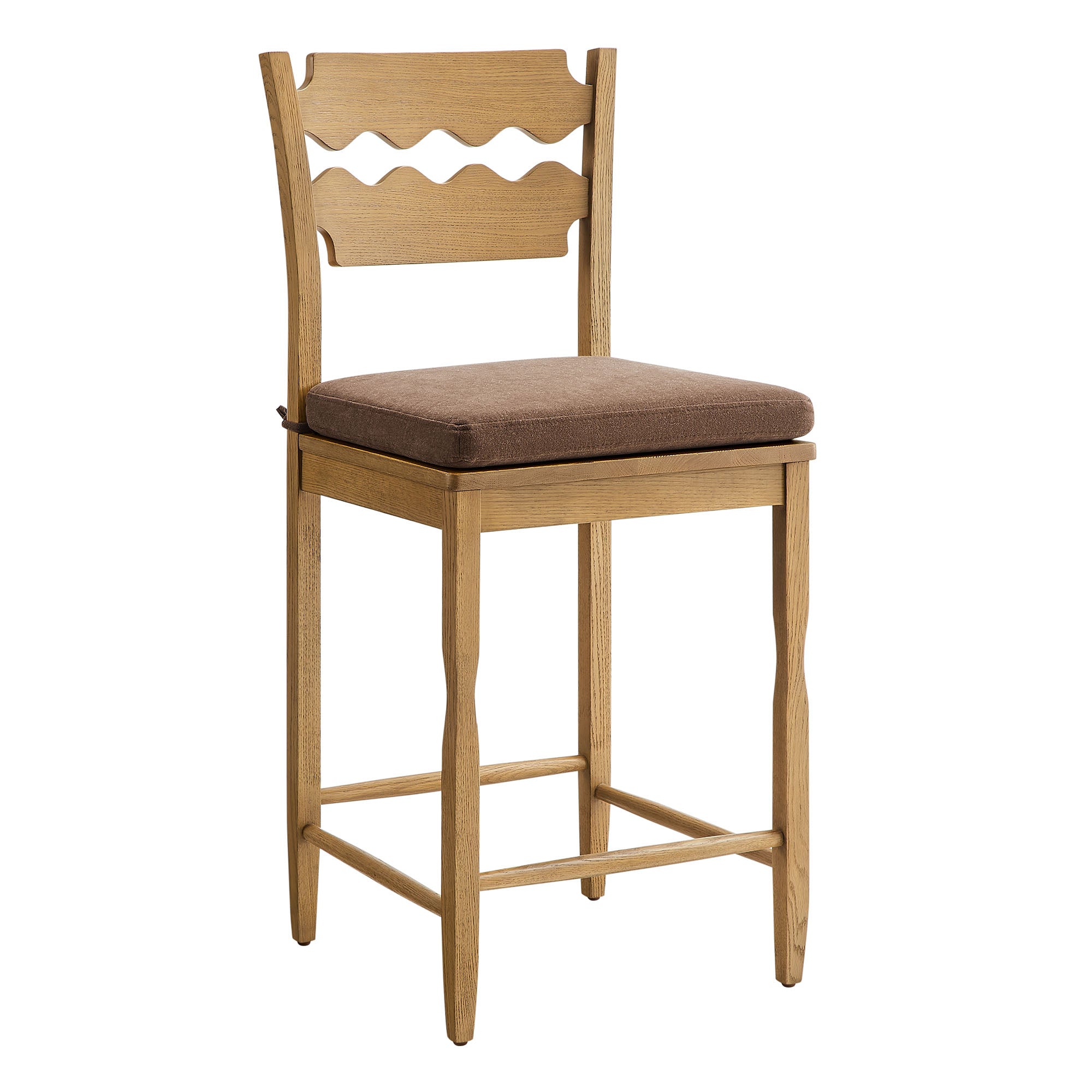 Jax Oak Wood Counter Stool With Wavy Razor Back and Cushion - Weathered Oak Cocoa