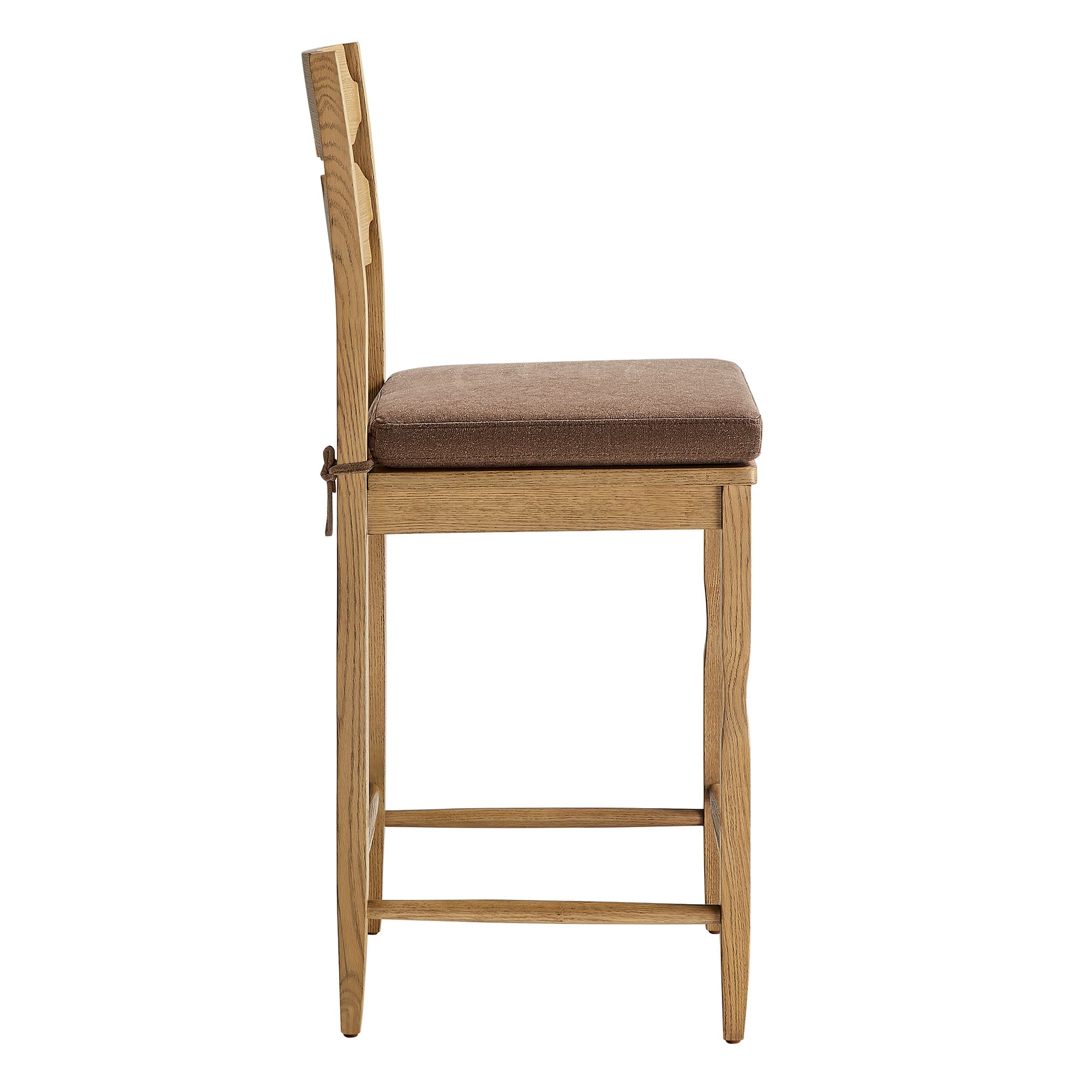 Jax Oak Wood Counter Stool With Wavy Razor Back and Cushion - Weathered Oak Cocoa