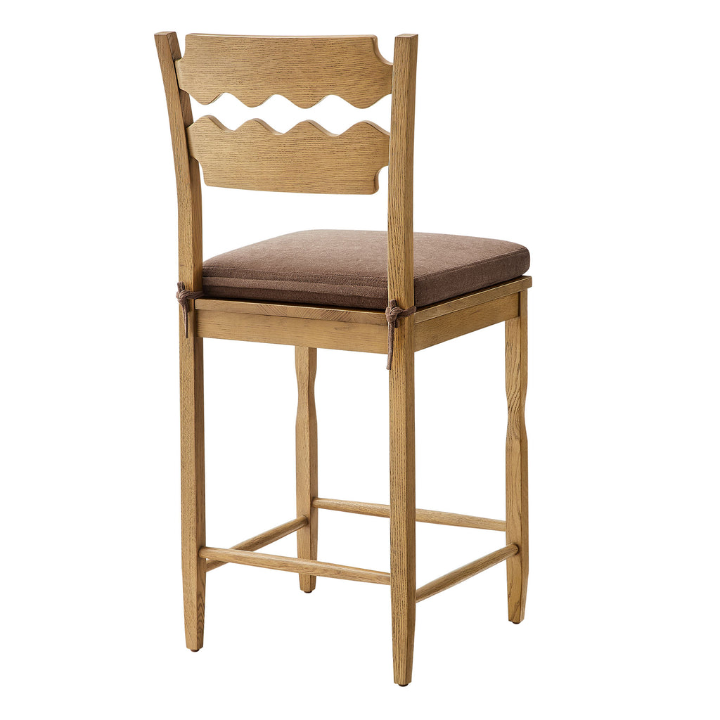 Jax Oak Wood Counter Stool With Wavy Razor Back and Cushion - Weathered Oak Cocoa
