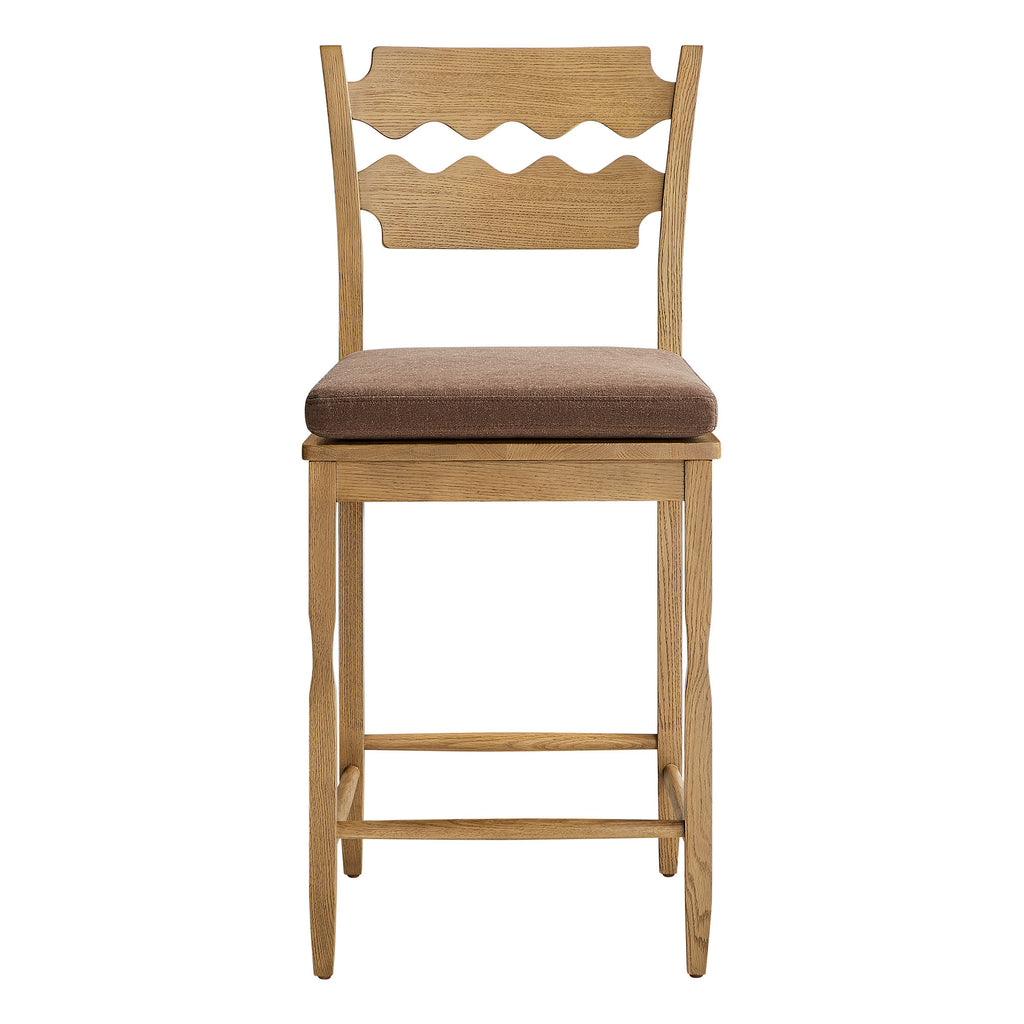 Jax Oak Wood Counter Stool With Wavy Razor Back and Cushion - Weathered Oak Cocoa