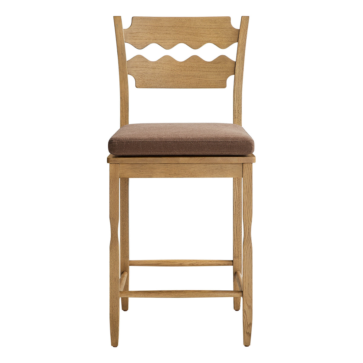 Jax Oak Wood Counter Stool With Wavy Razor Back and Cushion - Weathered Oak Cocoa