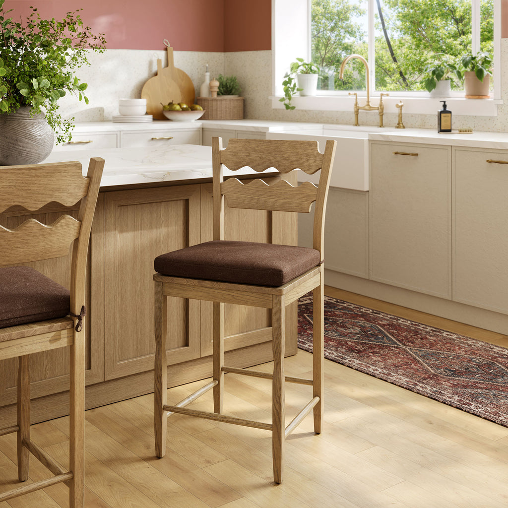 Jax Oak Wood Counter Stool With Wavy Razor Back and Cushion - Weathered Oak Cocoa