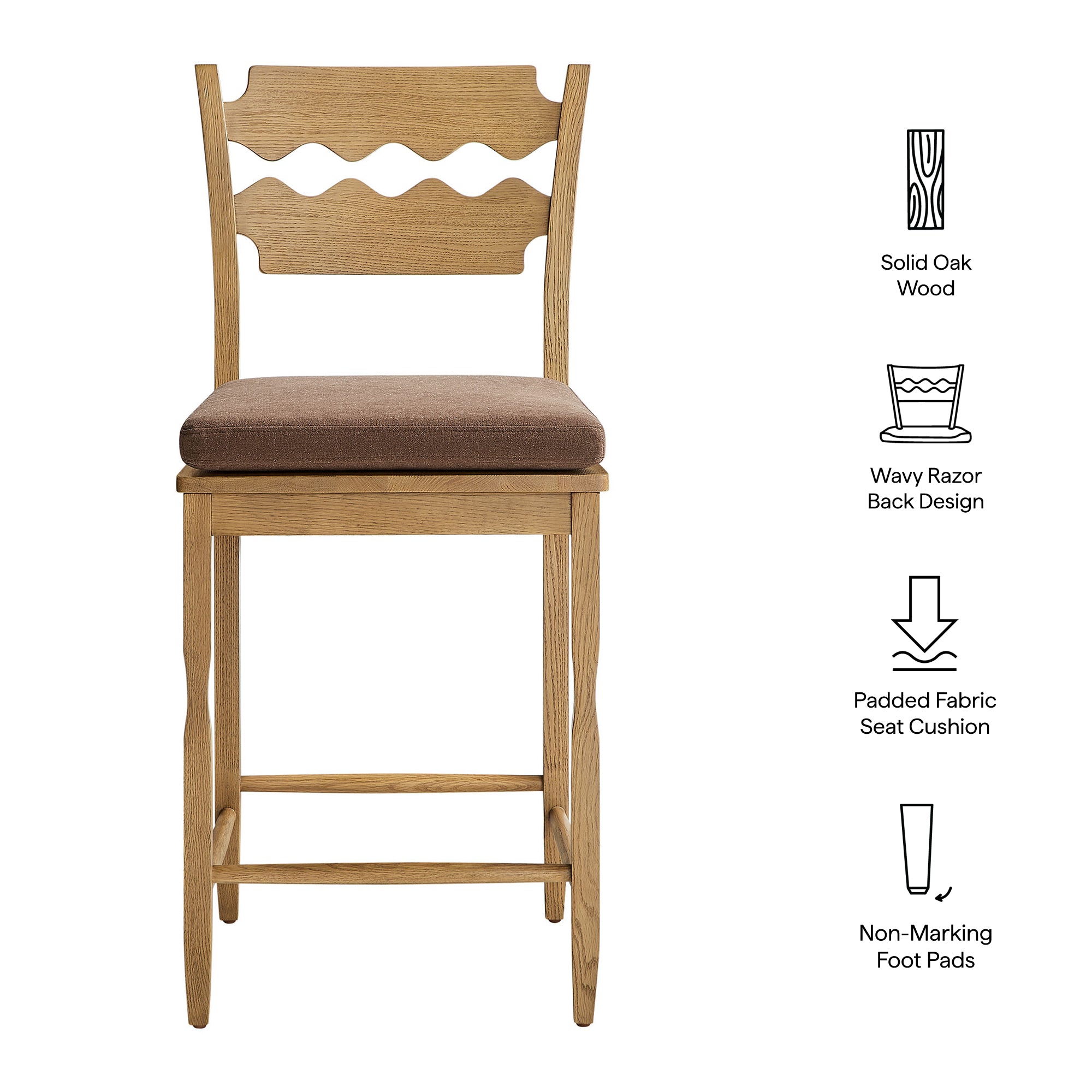 Jax Oak Wood Counter Stool With Wavy Razor Back and Cushion - Weathered Oak Cocoa