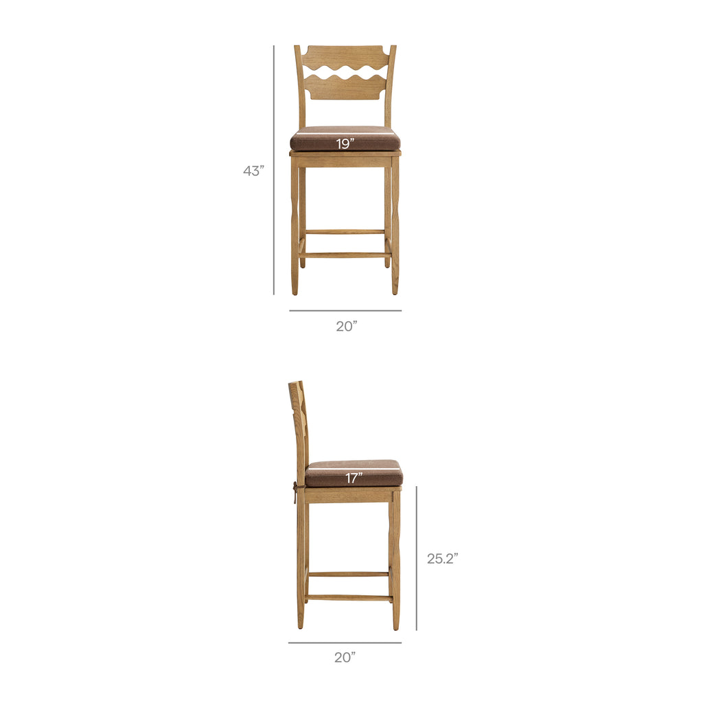 Jax Oak Wood Counter Stool With Wavy Razor Back and Cushion - Weathered Oak Cocoa