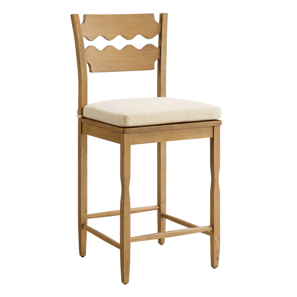 Jax Oak Wood Counter Stool With Wavy Razor Back and Cushion - Weathered Oak Linen