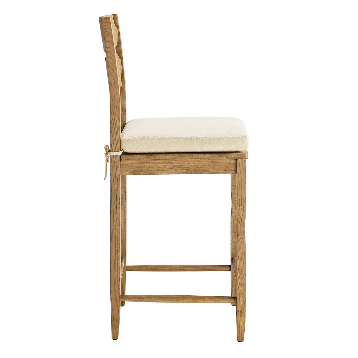 Jax Oak Wood Counter Stool With Wavy Razor Back and Cushion - Weathered Oak Linen