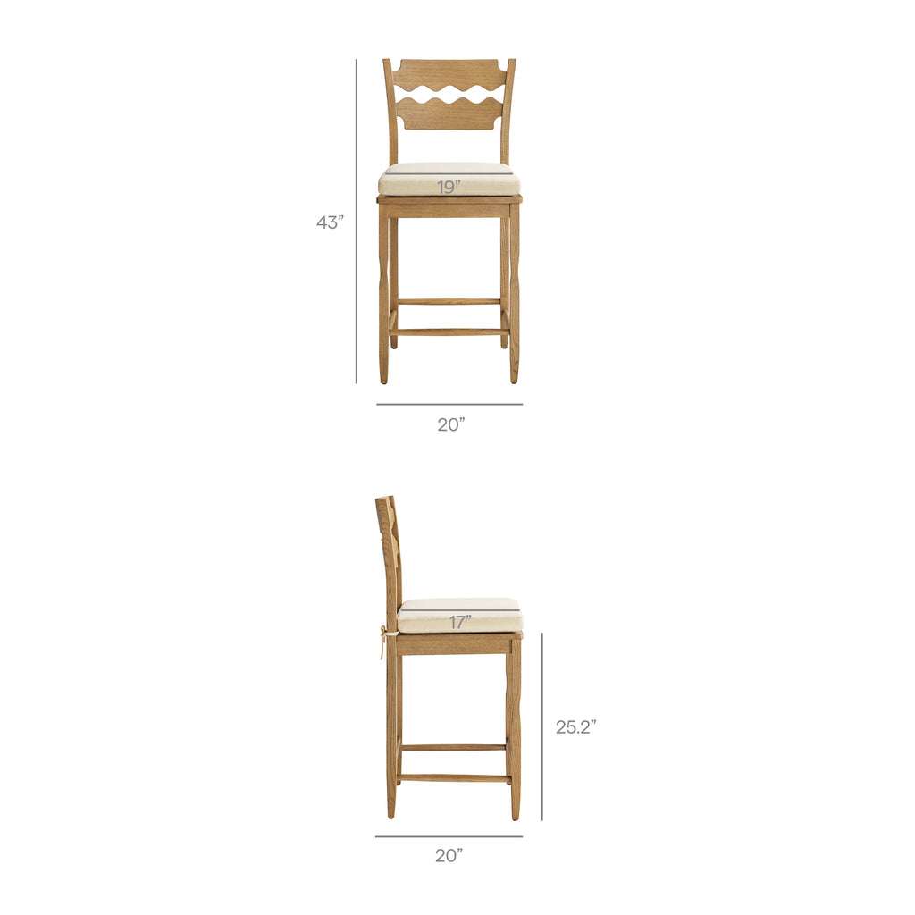 Jax Oak Wood Counter Stool With Wavy Razor Back and Cushion - Weathered Oak Linen