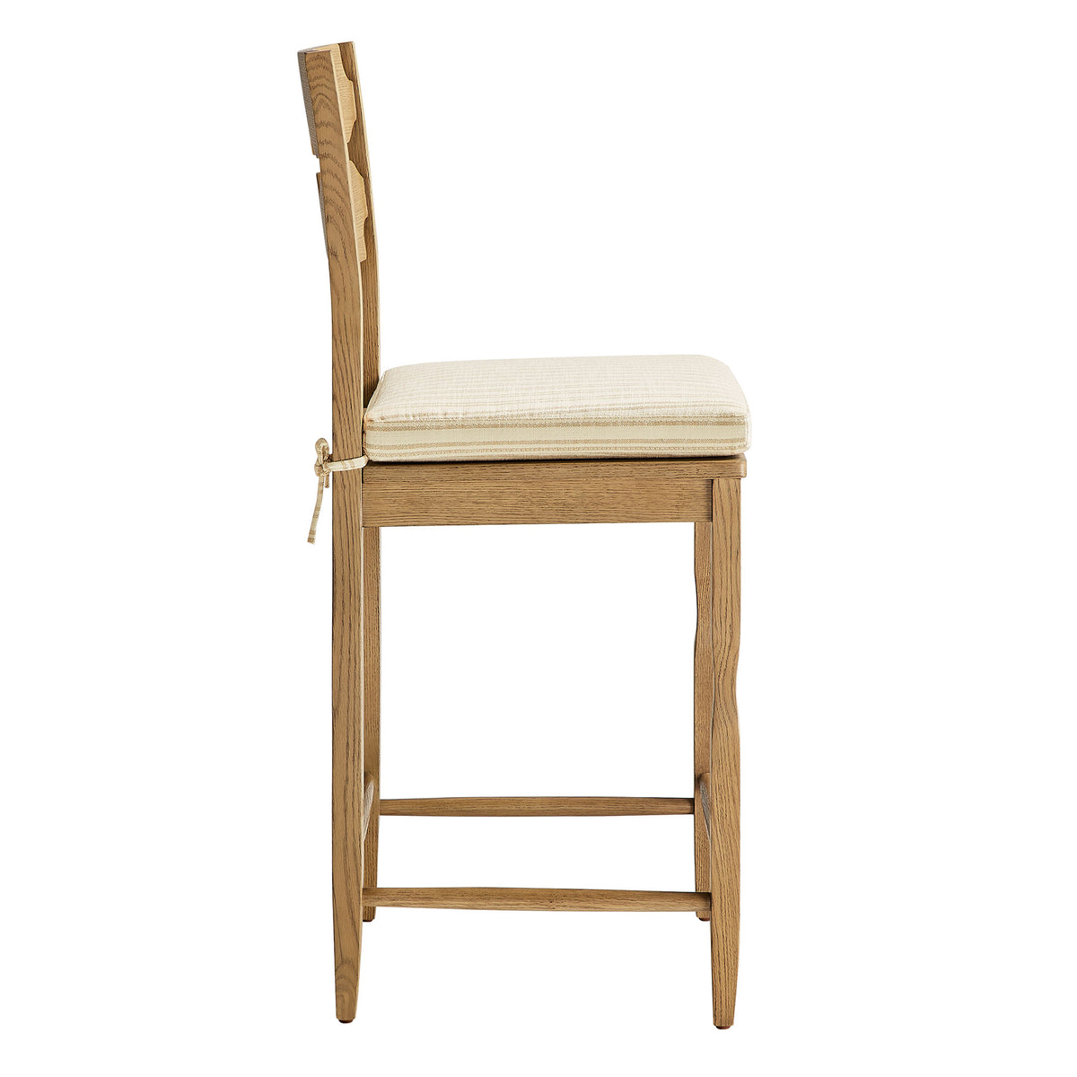 Jax Oak Wood Counter Stool With Wavy Razor Back and Cushion - Weathered Oak Oatmeal Stripe