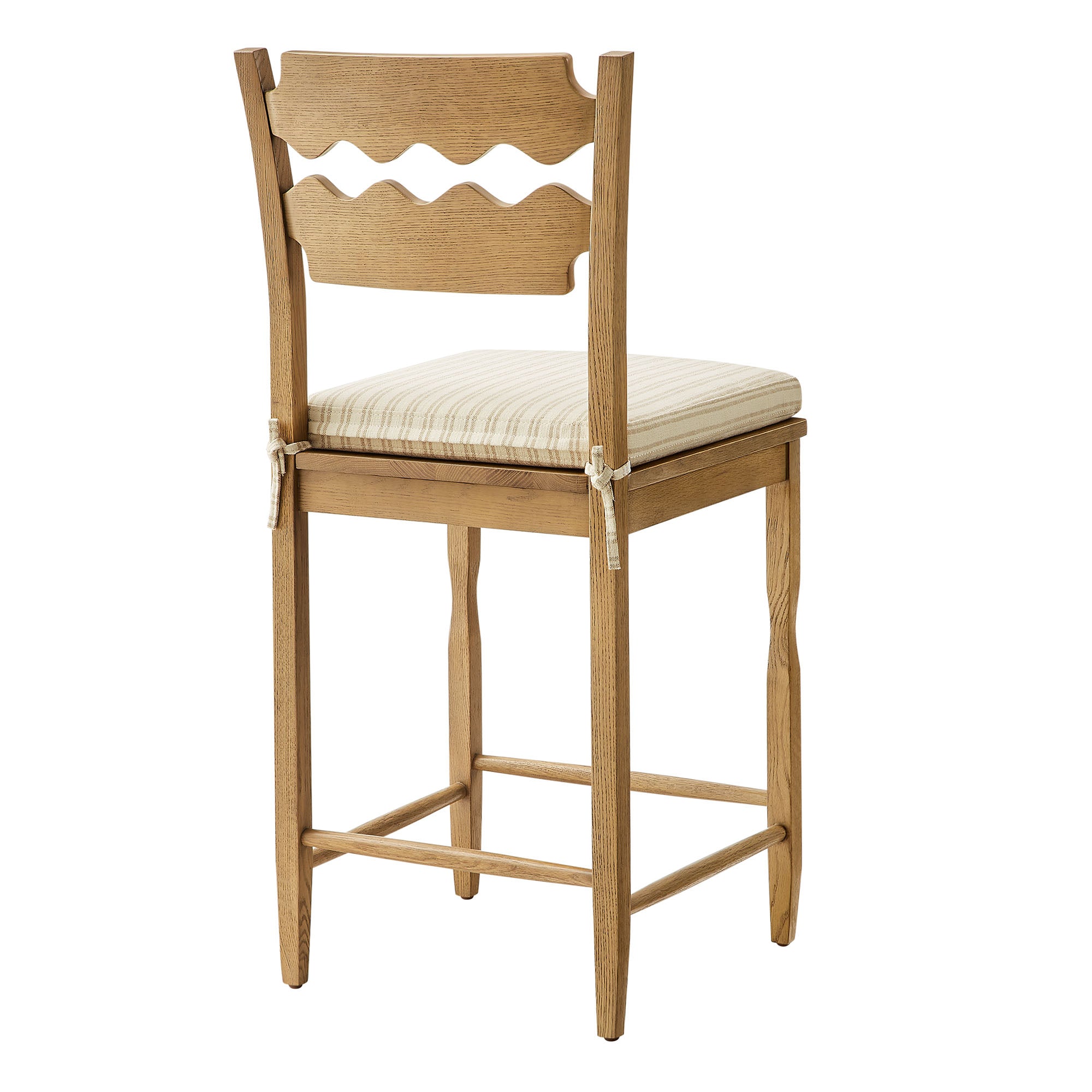 Jax Oak Wood Counter Stool With Wavy Razor Back and Cushion - Weathered Oak Oatmeal Stripe