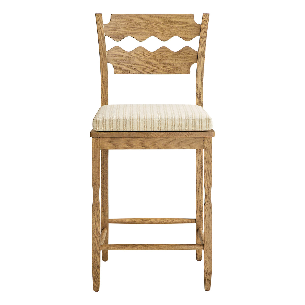 Jax Oak Wood Counter Stool With Wavy Razor Back and Cushion - Weathered Oak Oatmeal Stripe