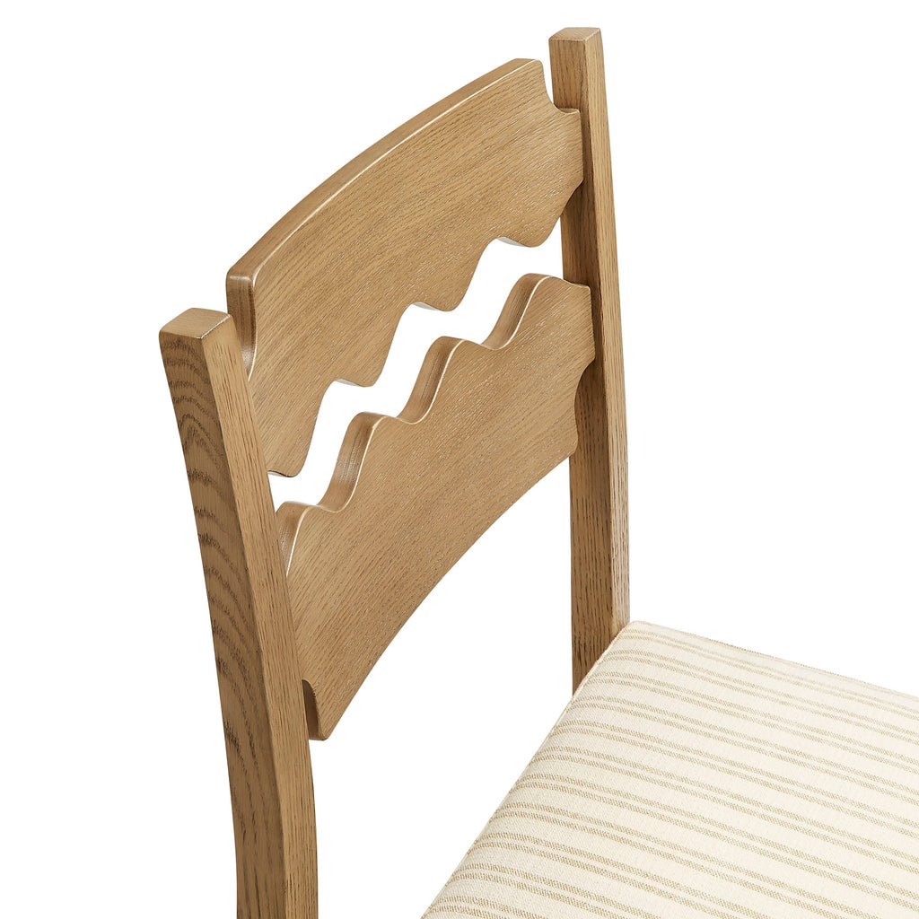 Jax Oak Wood Counter Stool With Wavy Razor Back and Cushion - Weathered Oak Oatmeal Stripe
