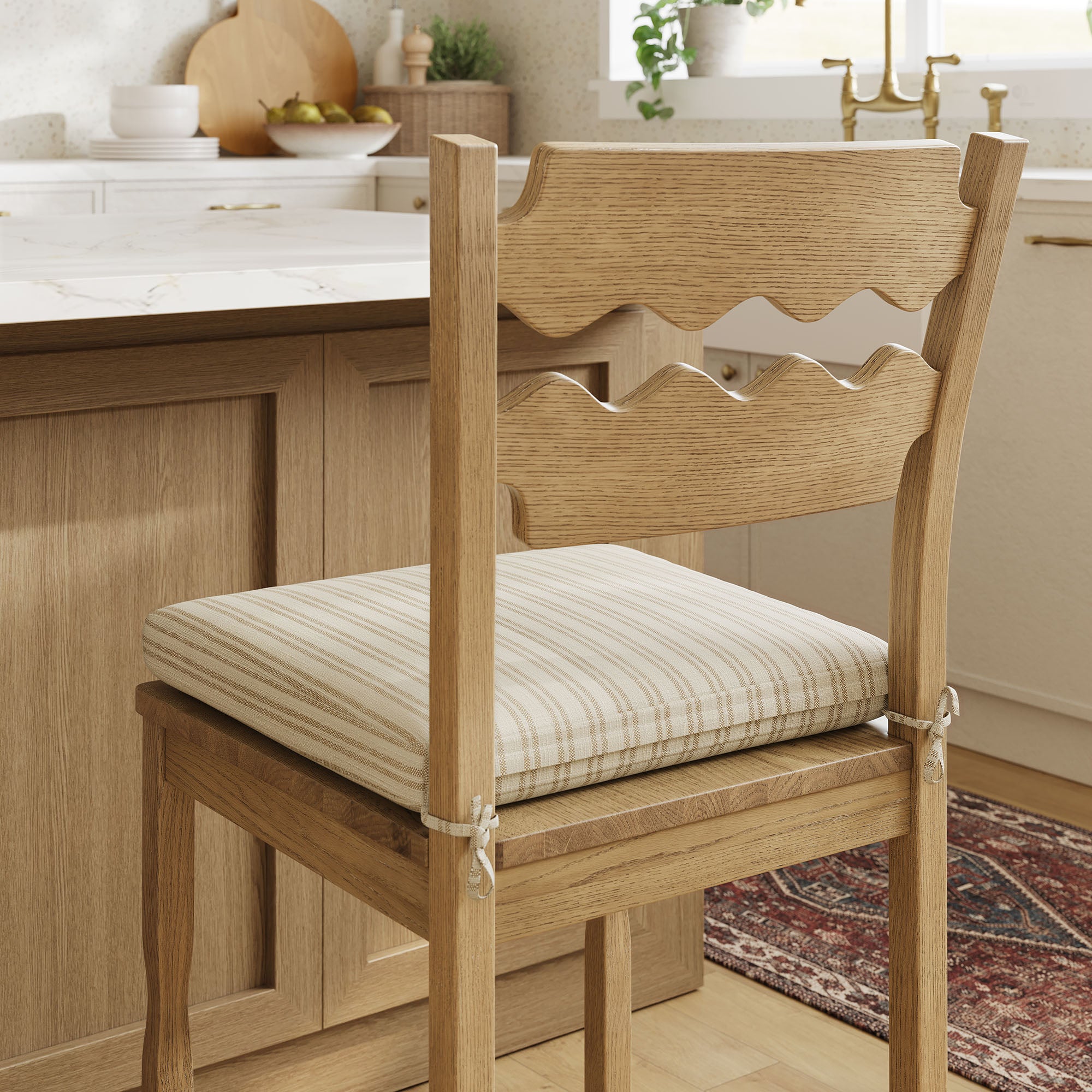 Jax Oak Wood Counter Stool With Wavy Razor Back and Cushion - Weathered Oak Oatmeal Stripe