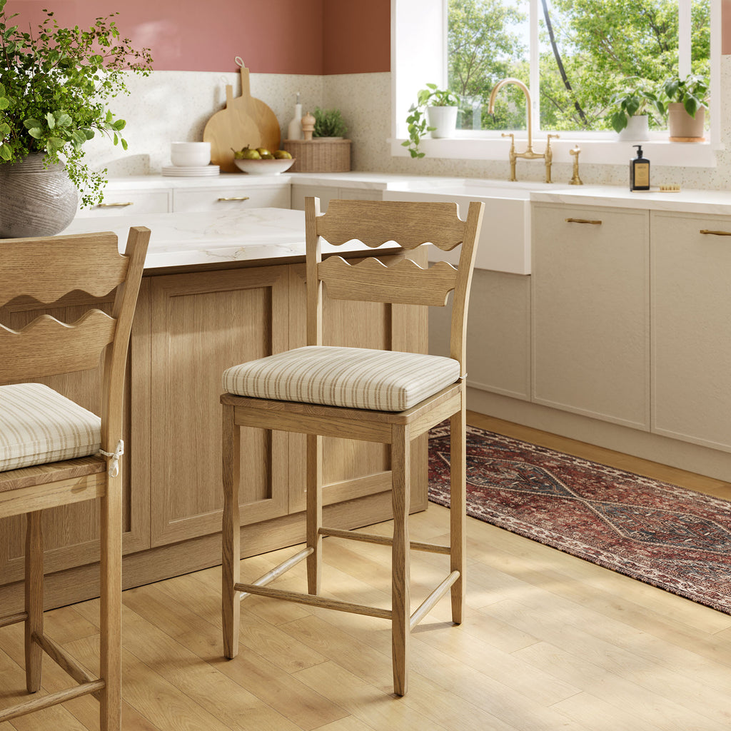 Jax Oak Wood Counter Stool With Wavy Razor Back and Cushion - Weathered Oak Oatmeal Stripe