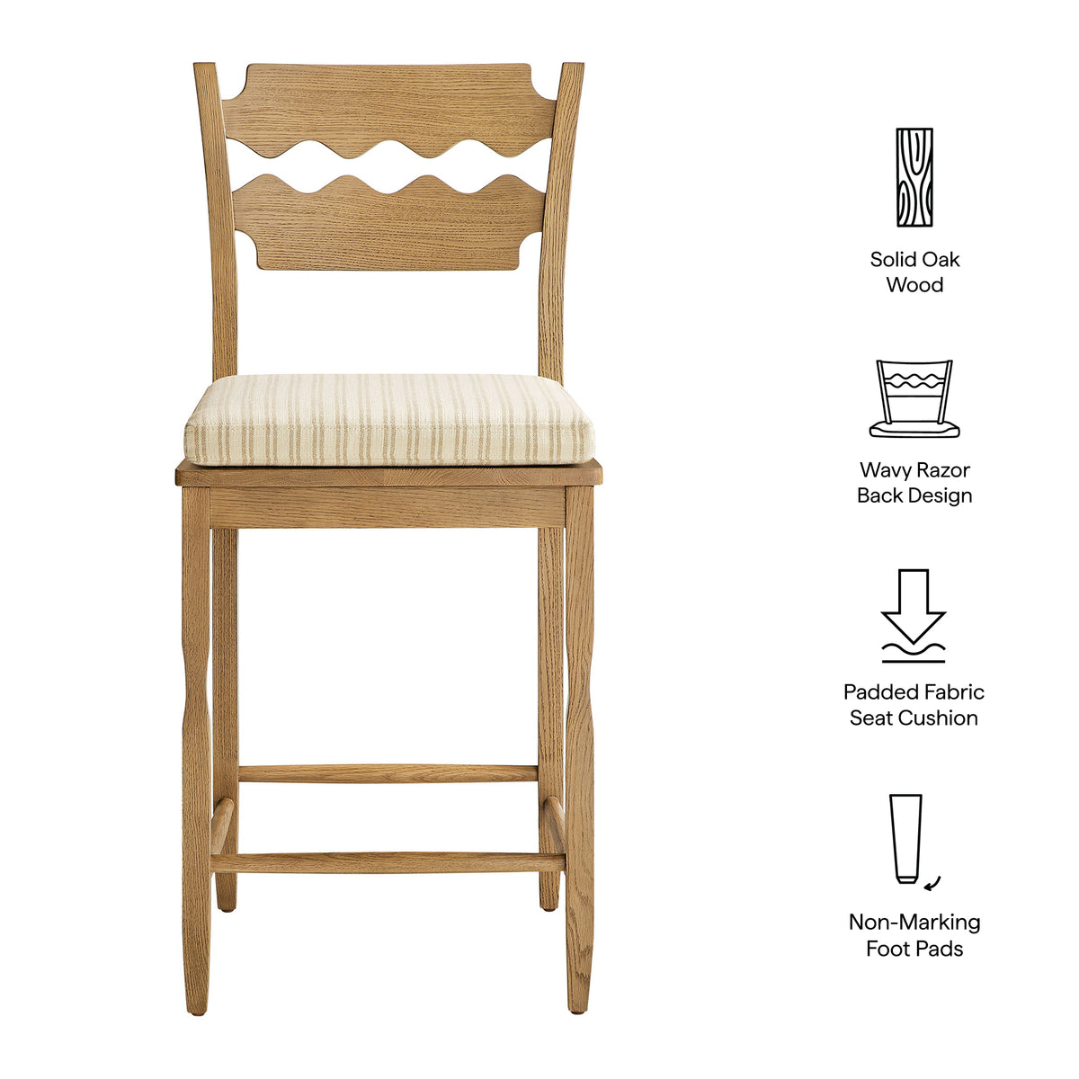 Jax Oak Wood Counter Stool With Wavy Razor Back and Cushion - Weathered Oak Oatmeal Stripe