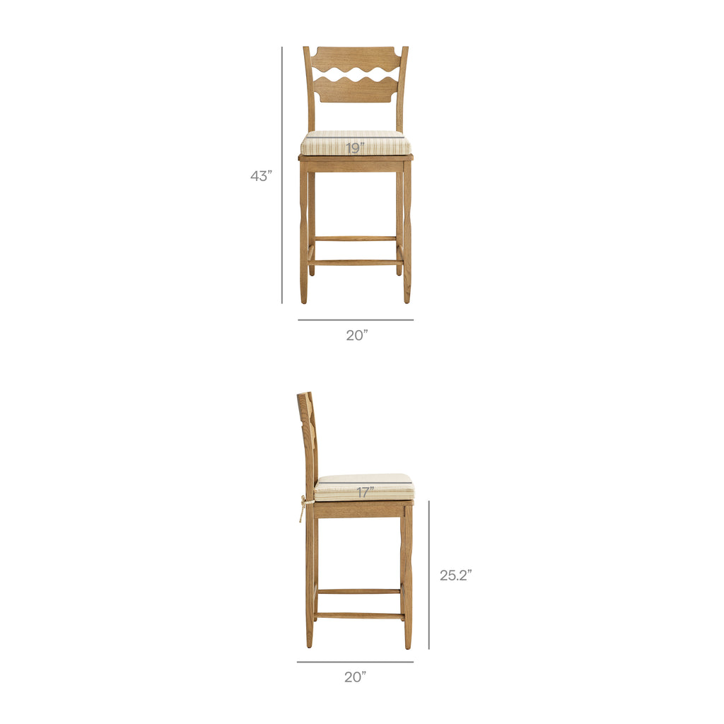 Jax Oak Wood Counter Stool With Wavy Razor Back and Cushion - Weathered Oak Oatmeal Stripe