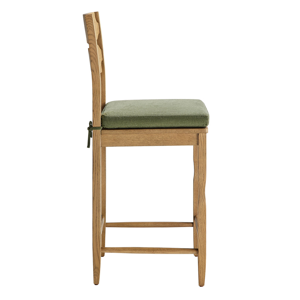 Jax Oak Wood Counter Stool With Wavy Razor Back and Cushion - Weathered Oak Sage
