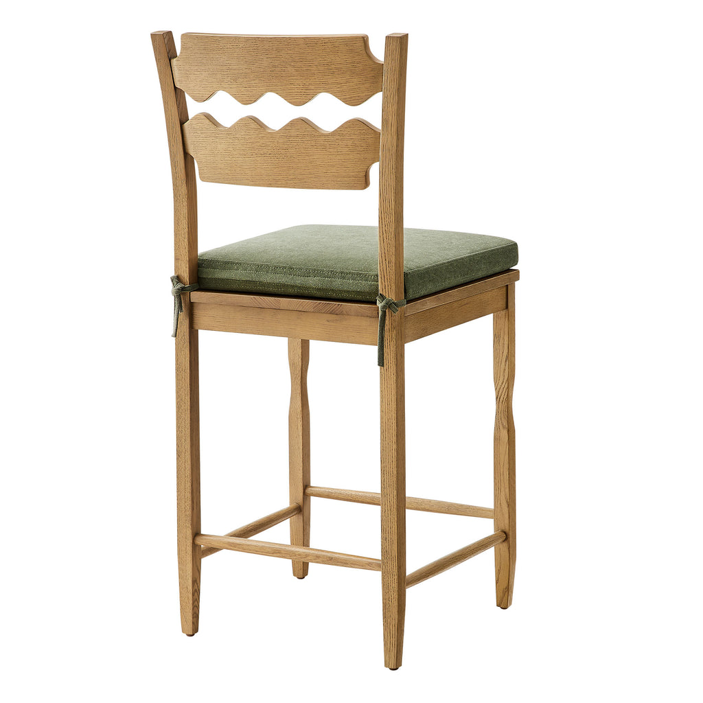 Jax Oak Wood Counter Stool With Wavy Razor Back and Cushion - Weathered Oak Sage