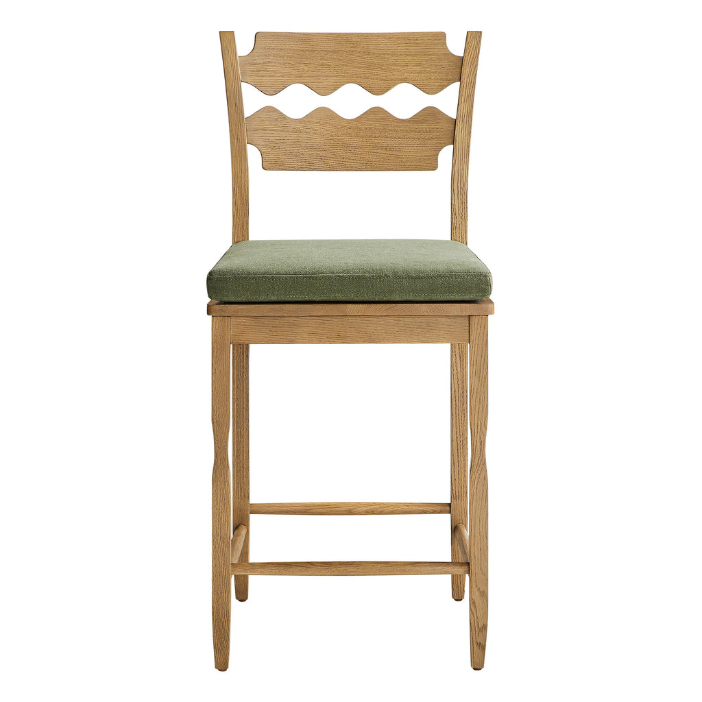Jax Oak Wood Counter Stool With Wavy Razor Back and Cushion - Weathered Oak Sage