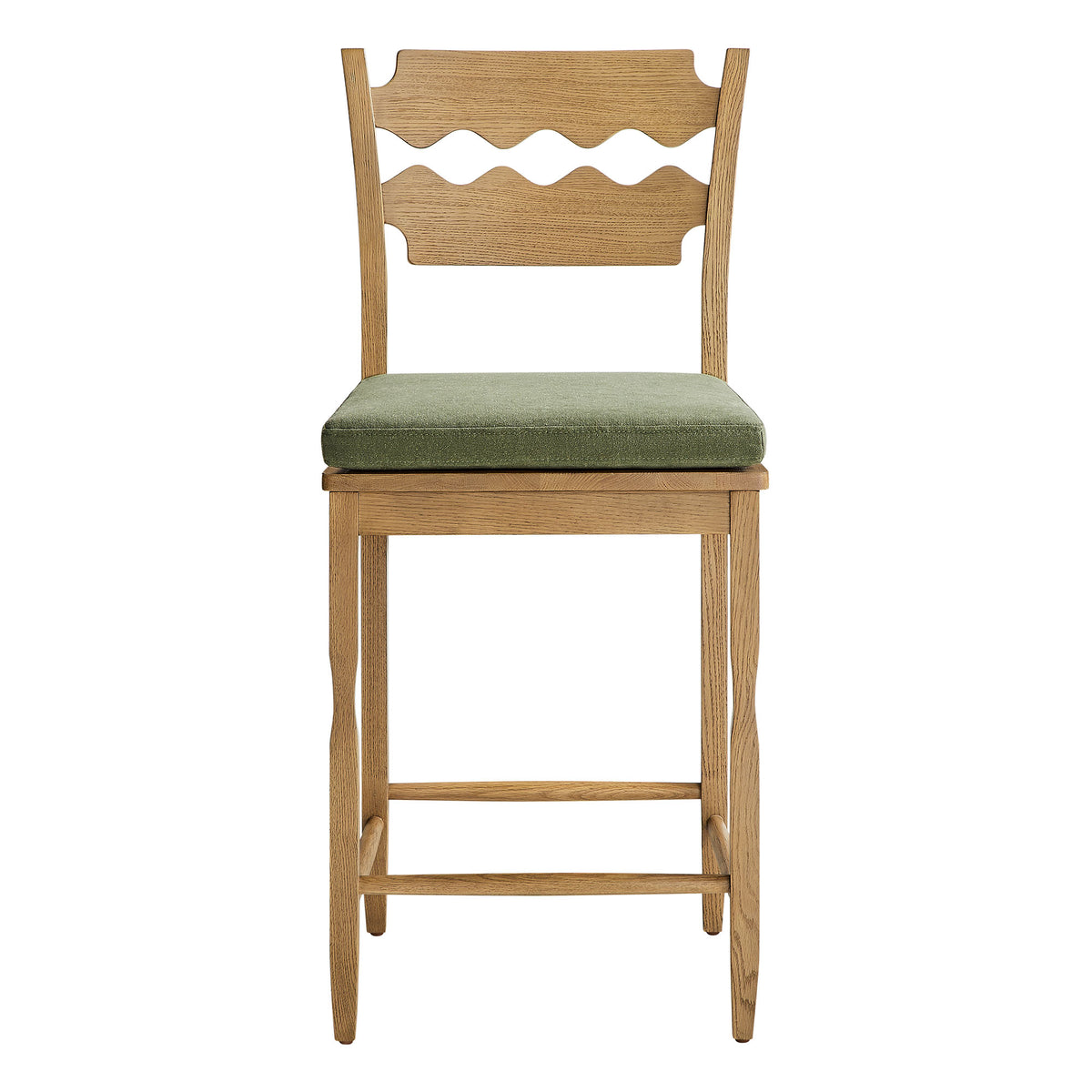 Jax Oak Wood Counter Stool With Wavy Razor Back and Cushion - Weathered Oak Sage