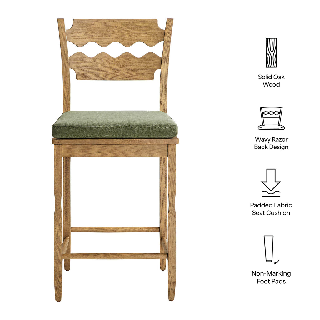 Jax Oak Wood Counter Stool With Wavy Razor Back and Cushion - Weathered Oak Sage