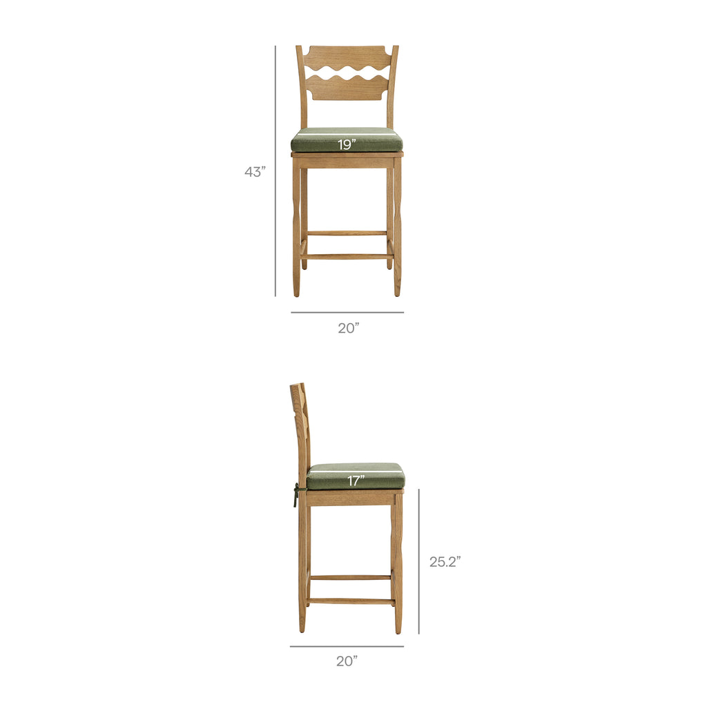 Jax Oak Wood Counter Stool With Wavy Razor Back and Cushion - Weathered Oak Sage