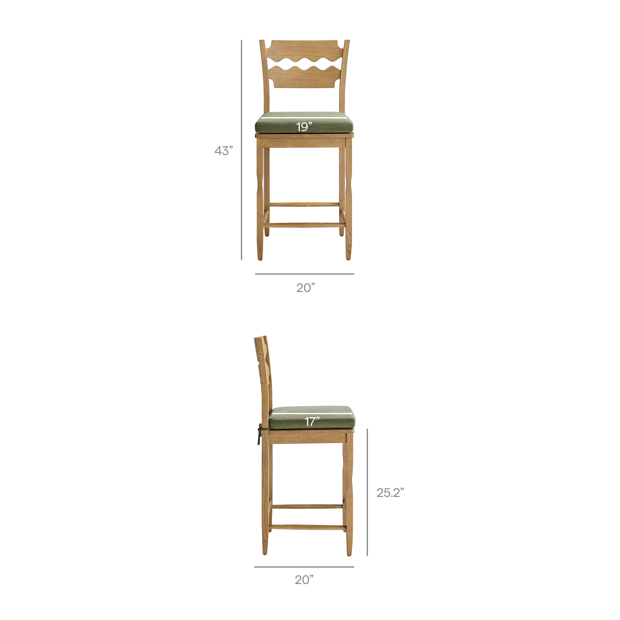 Jax Oak Wood Counter Stool With Wavy Razor Back and Cushion - Weathered Oak Sage