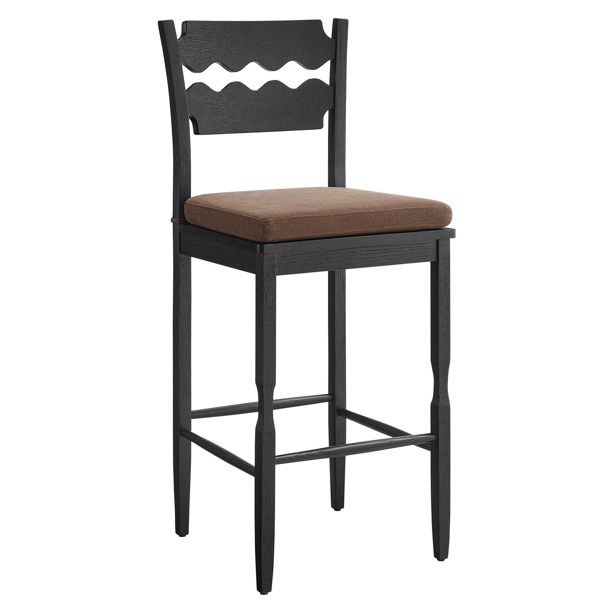 Jax Oak Wood Bar Stool With Wavy Razor Back and Cushion - Black Cocoa