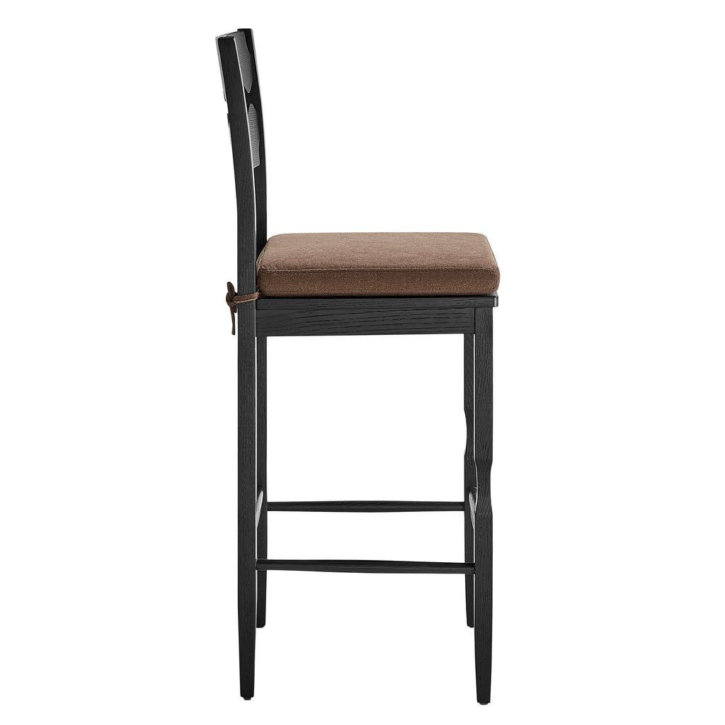 Jax Oak Wood Bar Stool With Wavy Razor Back and Cushion - Black Cocoa
