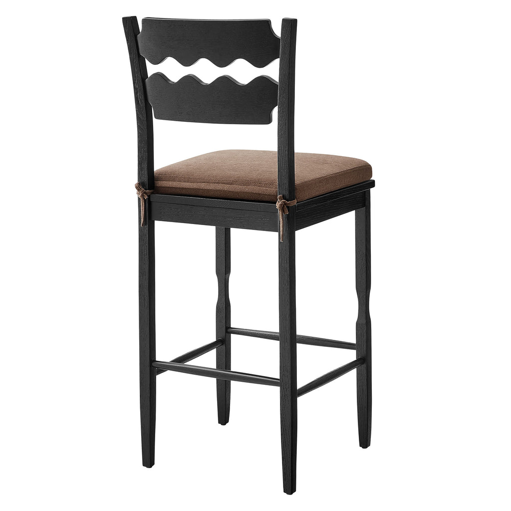 Jax Oak Wood Bar Stool With Wavy Razor Back and Cushion - Black Cocoa