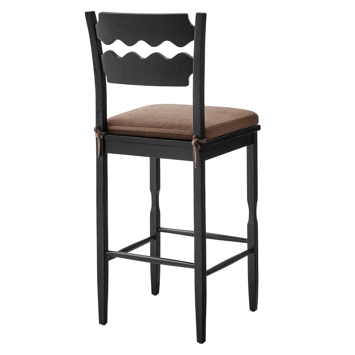 Jax Oak Wood Bar Stool With Wavy Razor Back and Cushion - Black Cocoa