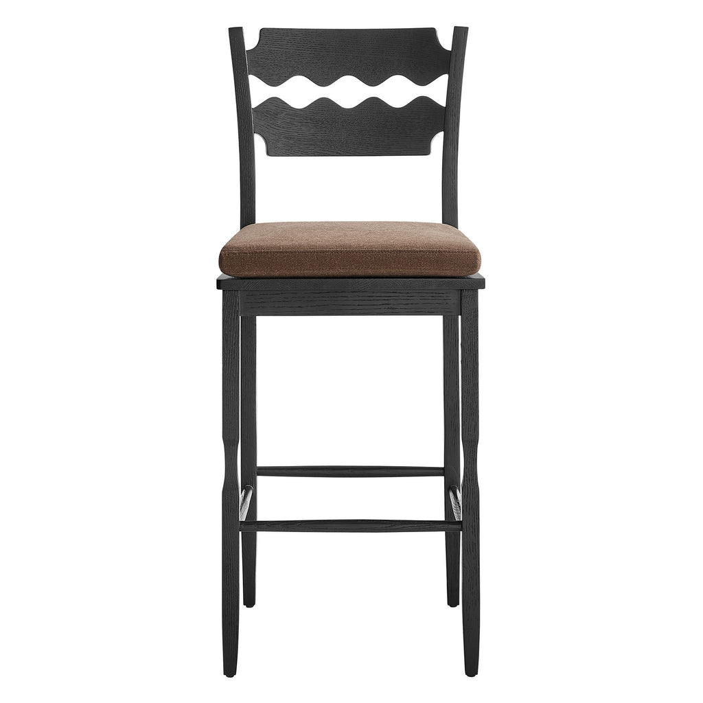 Jax Oak Wood Bar Stool With Wavy Razor Back and Cushion - Black Cocoa