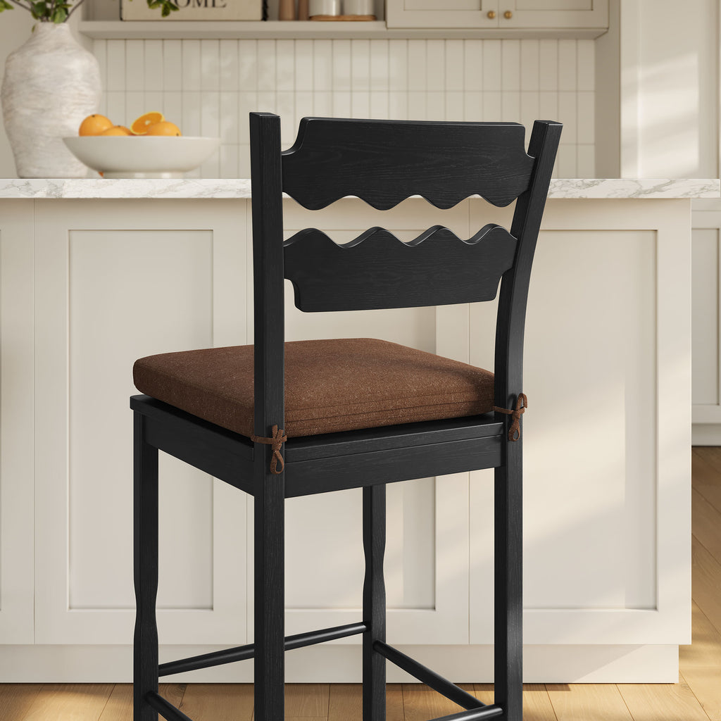 Jax Oak Wood Bar Stool With Wavy Razor Back and Cushion - Black Cocoa