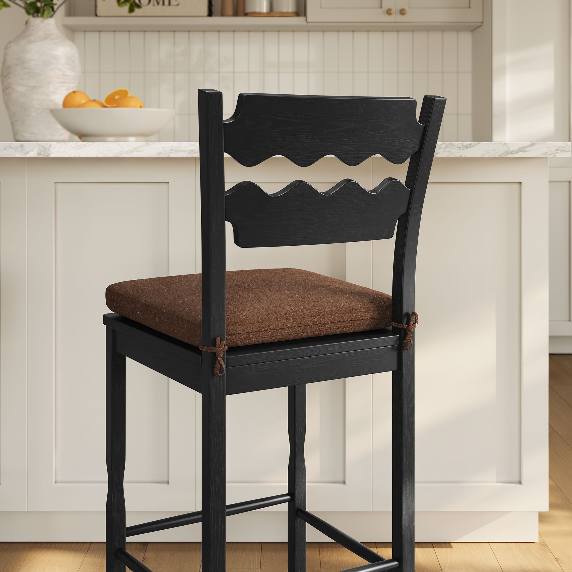 Jax Oak Wood Bar Stool With Wavy Razor Back and Cushion - Black Cocoa