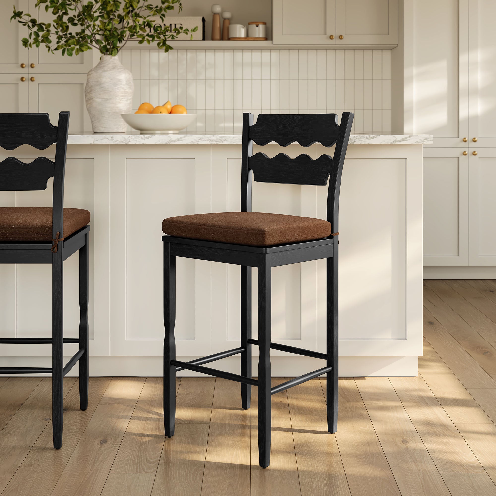 Jax Oak Wood Bar Stool With Wavy Razor Back and Cushion - Black Cocoa