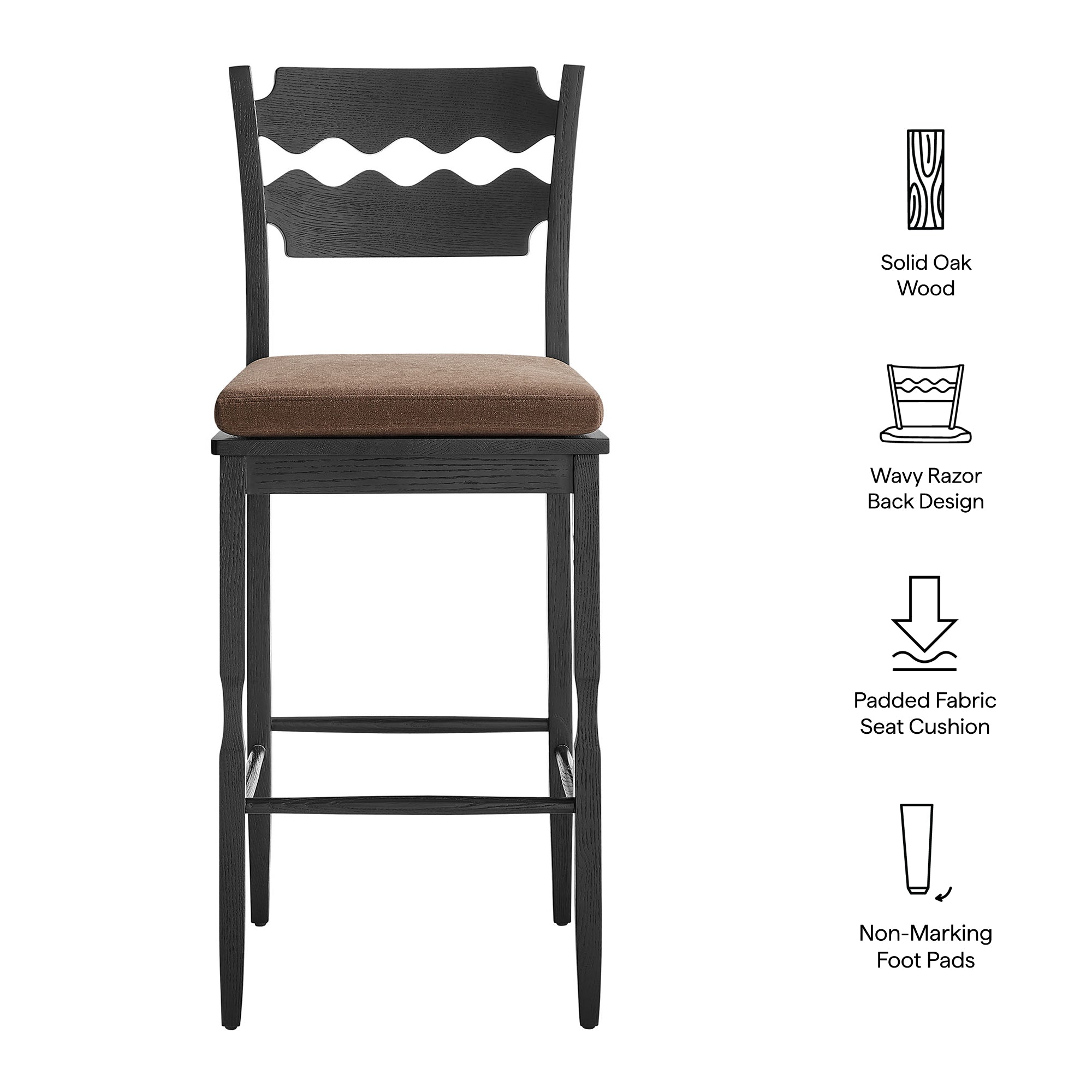 Jax Oak Wood Bar Stool With Wavy Razor Back and Cushion - Black Cocoa