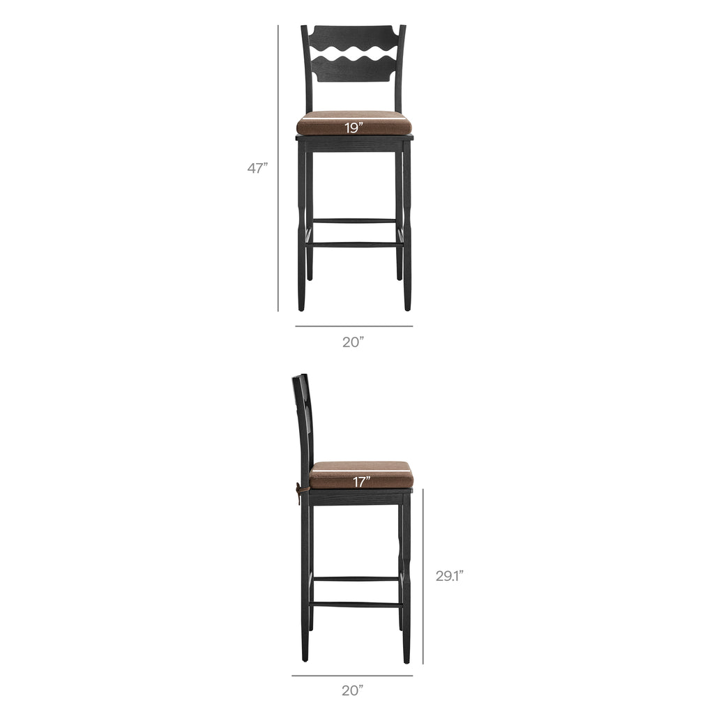 Jax Oak Wood Bar Stool With Wavy Razor Back and Cushion - Black Cocoa