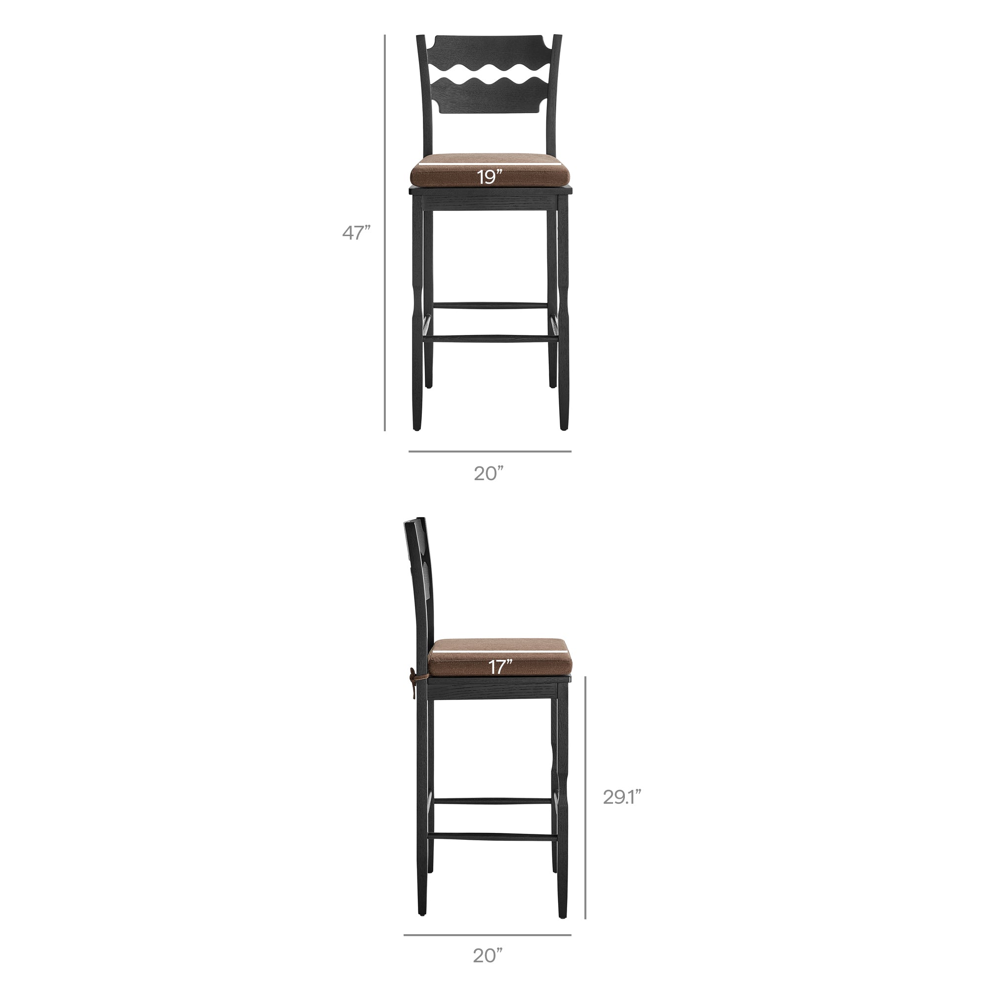 Jax Oak Wood Bar Stool With Wavy Razor Back and Cushion - Black Cocoa