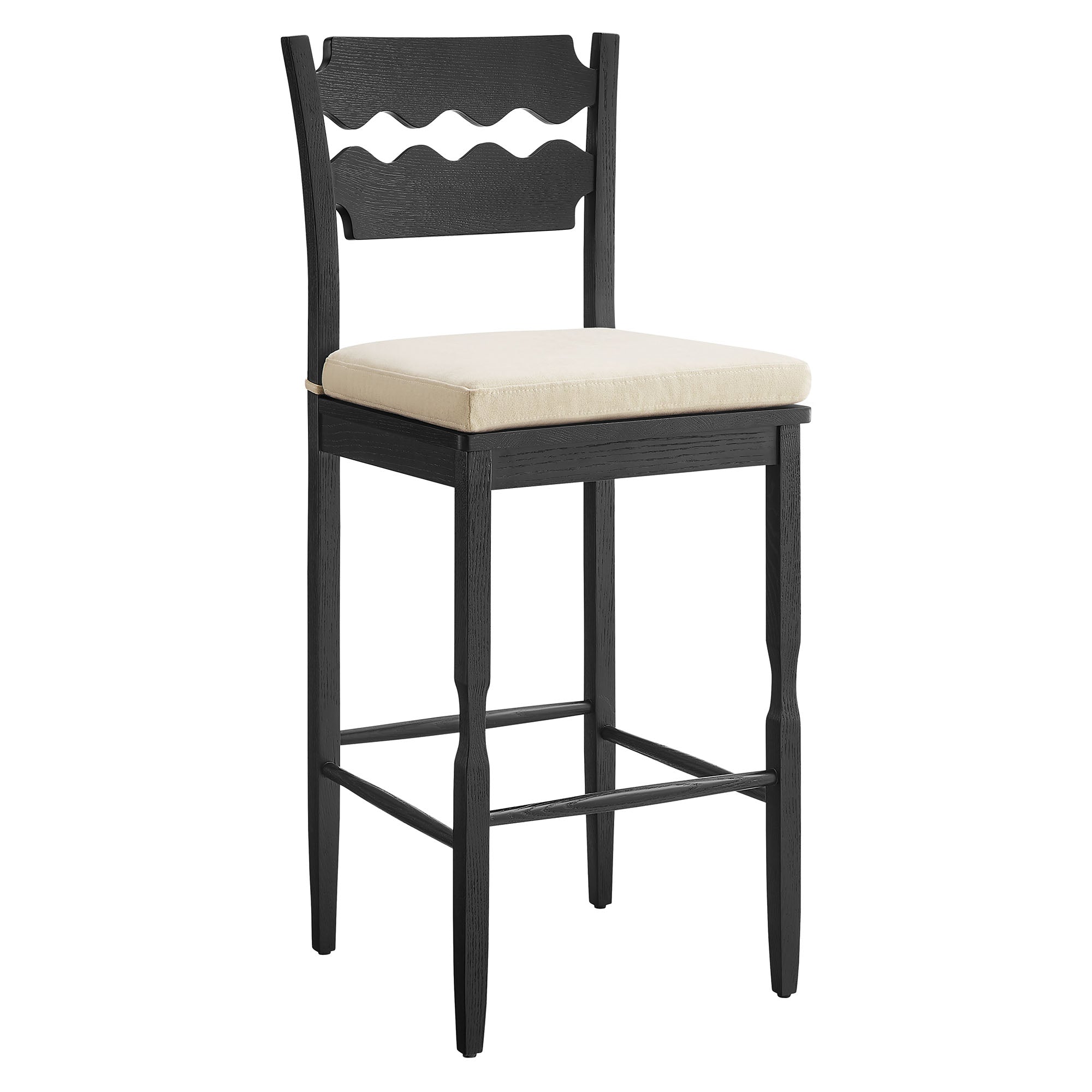 Jax Oak Wood Bar Stool With Wavy Razor Back and Cushion - Black Linen