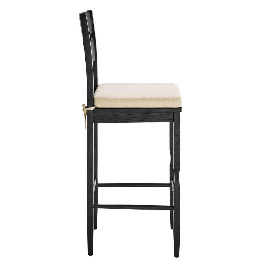 Jax Oak Wood Bar Stool With Wavy Razor Back and Cushion - Black Linen